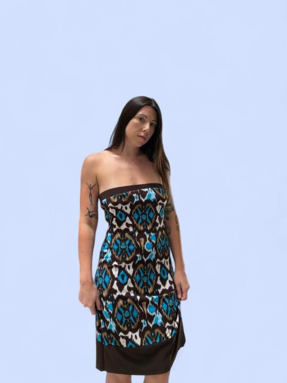 Bisou Bisou Strapless Turquoise and Brown Print Dress